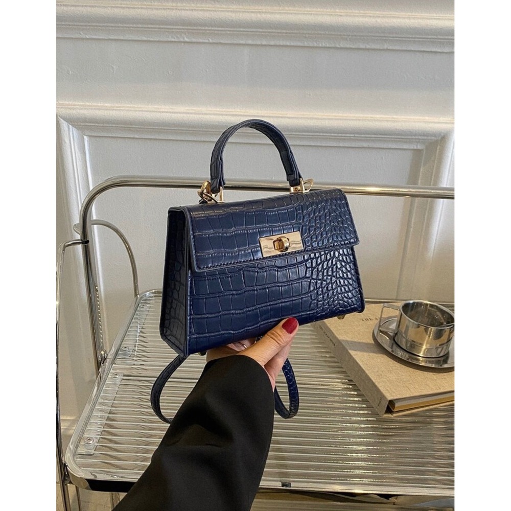 Navy Blue Croc Embossed Mini Top Handle Crossbody Bag Gold Hardware Trapezoid